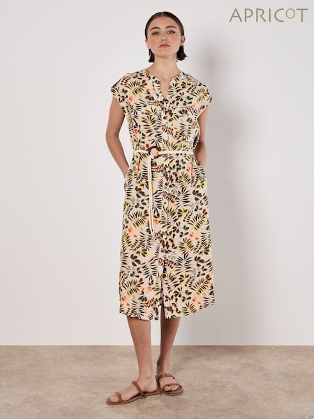 Apricot Natural Belted Leaf Print Shirt Dress (H16381) | €59