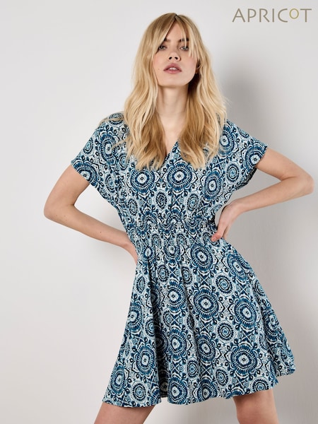 Apricot Blue Batik Kaleidoscope V-Neck Mini Dress (H16383) | €53