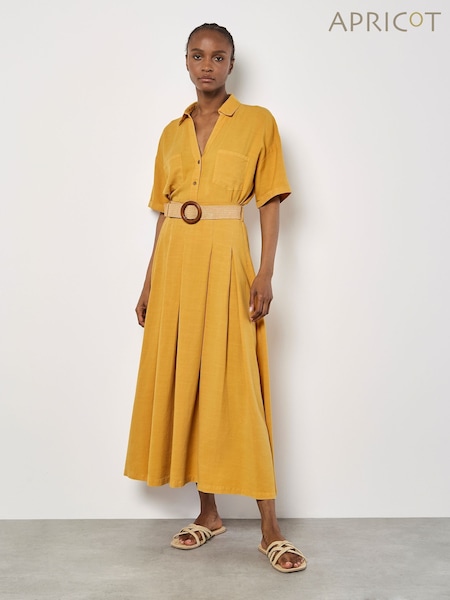 Apricot Yellow Boho Slub Belted Midi Skirt (H16389) | €58