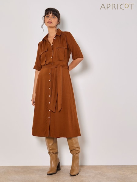 Apricot Brown Midi Utility Dress with a Touch of Linen (H16390) | €59