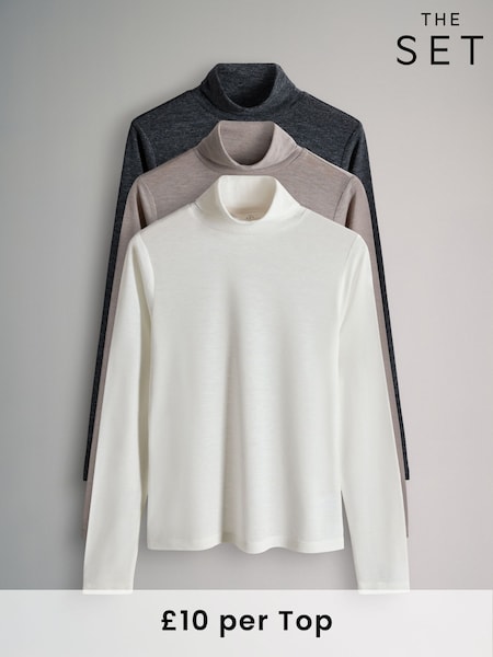 The Set Black/Grey/Neutral 3 Pack Sheer Roll Neck Long Sleeve Top (H16474) | AED175