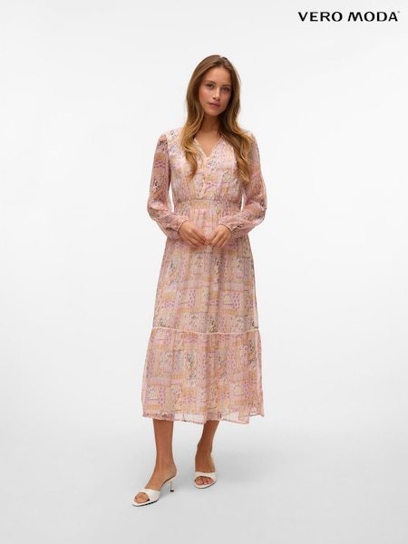 VERO MODA Pink Printed Tiered Long Sleeve Maxi Dress (H16535) | ₪226