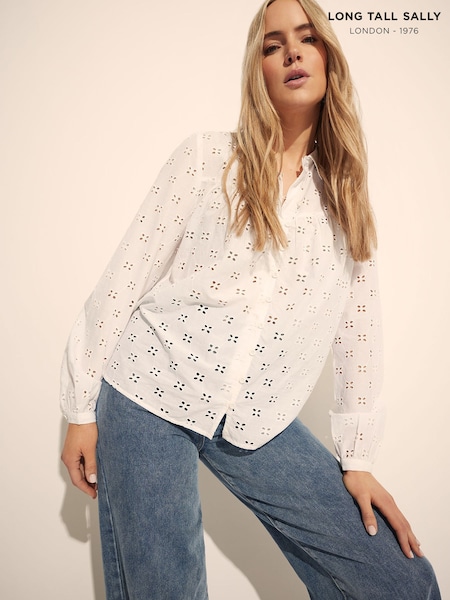 לבן - Long Tall Sally 100% Cotton Broidery Yoke Shirt (H16536) | ‏196‏₪