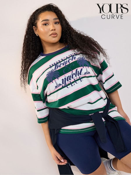 Yours Curve Green Contrast Neck 100% Cotton Stripe Top (H16554) | $38
