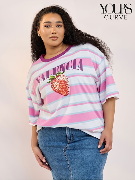Yours Curve Pink Contrast Neck 100% Cotton Stripe Top (H16564) | $38