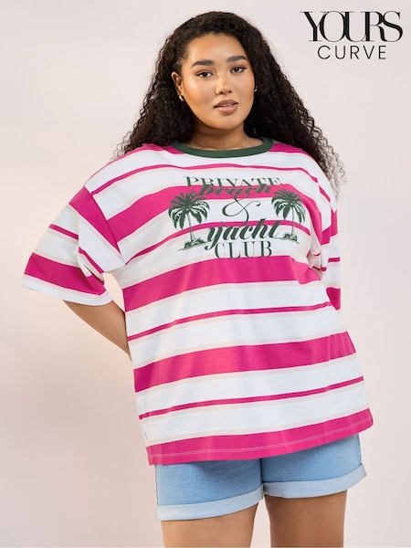 Yours Curve Pink Bolt Contrast Neck 100% Cotton Stripe Top (H16566) | $38