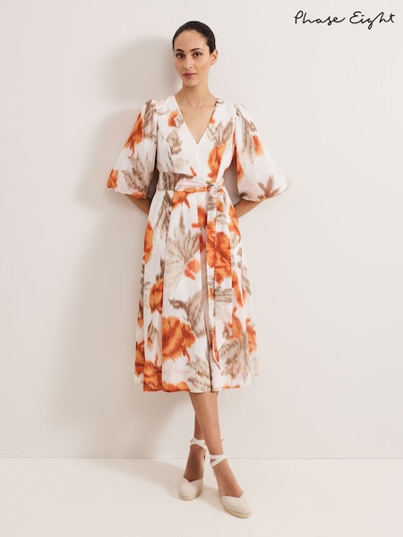 Phase Eight White/Orange Violet Midi Dress (H16628) | 737 QAR