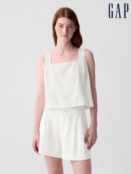 Gap White Linen Blend Button Back Cropped Vest Top (H16631) | €9