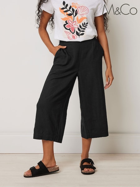 M&Co Black Petite Linen Wide Leg Crop Trousers (H16633) | €51