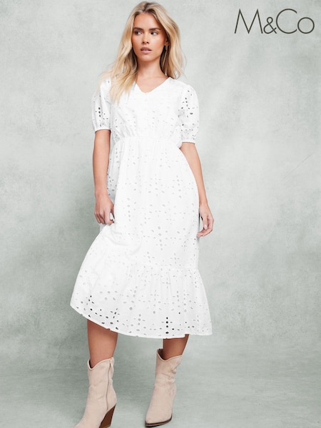 M&Co White Petite Embroidery Button 100% Cotton Dress (H16635) | €83