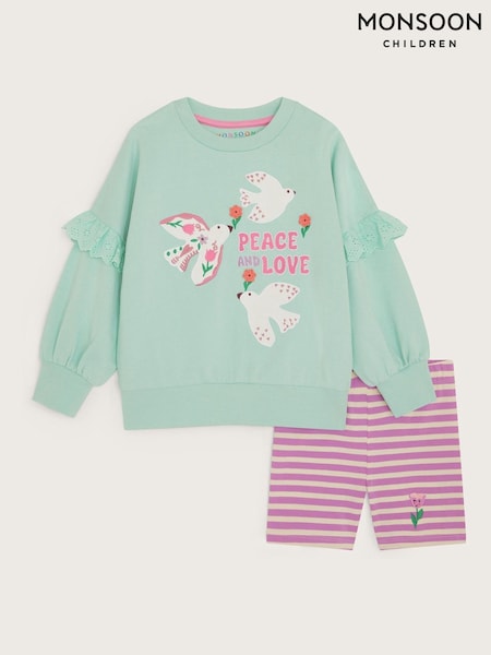 Monsoon Green Peace & Love Sweatshirt and Cycle 100% Cotton Shorts Set (H16685) | €45 - €51