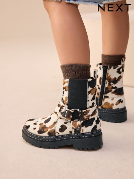Cow Print Standard Fit (F) Leather Chunky Harness Boots (H16686) | €62 - €71