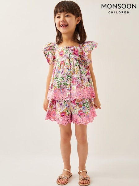 Monsoon Pink Floral Broderie Top and Shorts Set (H16687) | €51 - €58