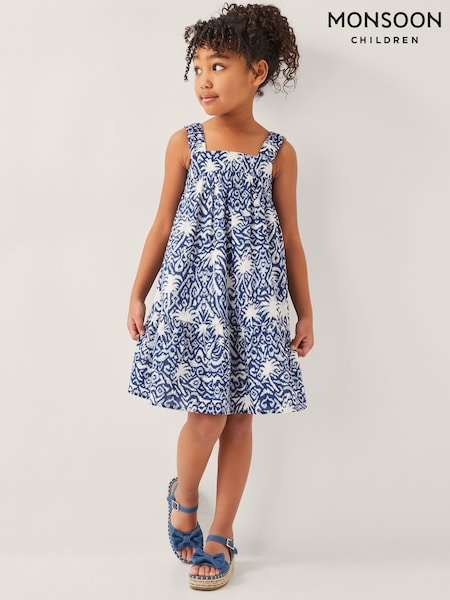 Monsoon Blue Palm Print Ikat Sun Dress (H16705) | €35 - €41