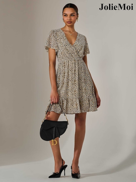 Jolie Moi Cream Chiffon Short Sleeve Tie Waist Mini Dress (H16807) | 297 QAR