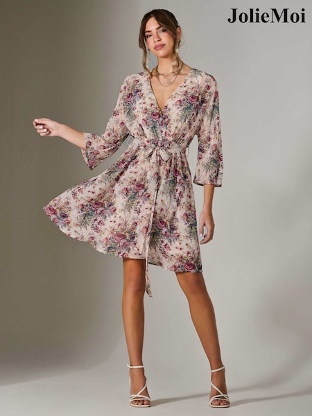 Кремовый - Jolie Moi Chiffon 3/4 Sleeve Mini Dress (H16811) | €80