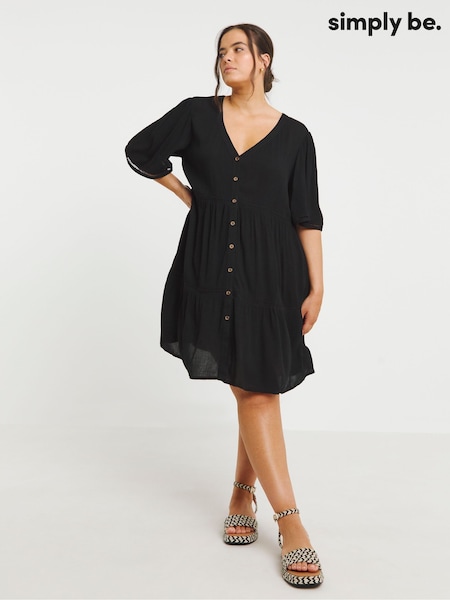 Simply Be Black Crinkle Tiered Ladder Trim Smock Dress (H16833) | €45