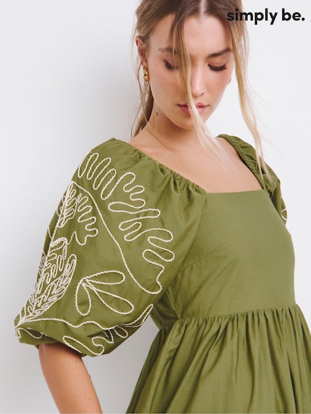 Simply Be Green Embroidered Sleeve Midi 100% Cotton Dress (H16847) | €69