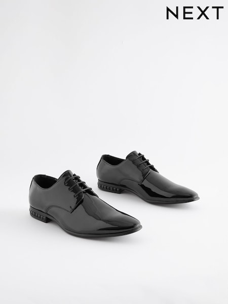 Black High Shine Jewel Trim Patent Derby Shoes (H16862) | SGD 74