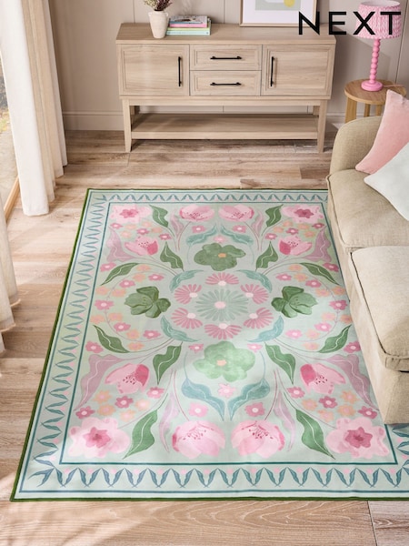 Sage Green Washable Bettie Floral Print Rug (H16868) | €39 - €198