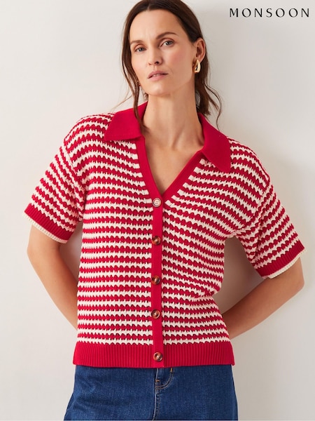 Monsoon Red Cally Stripe Collar 100% Cotton Jumper (H16889) | ₪297