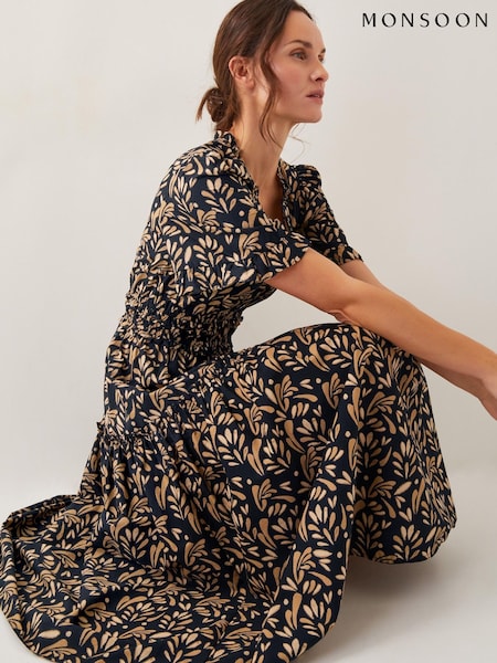 Monsoon Black Bryony Leaf Print 100% Cotton Midi Dress (H16899) | €108