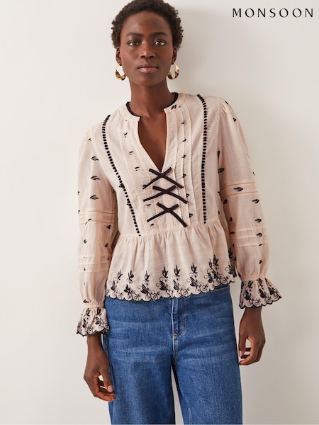Monsoon Natural Ettie Pintuck 100% Cotton Embroidered Blouse (H16902) | AED462