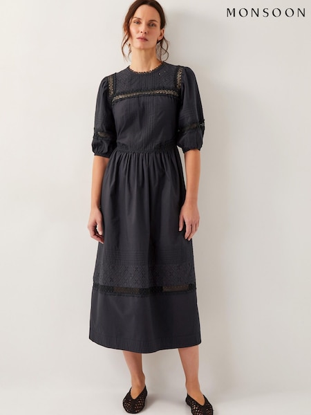 Monsoon Black Odilia Broderie Puff-Sleeve 100% Cotton Midi Dress (H16903) | €108