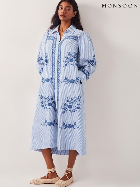 Monsoon Blue Marlowe Stripe Embroidered 100% Cotton Midi Shirt Dress (H16918) | ₪427
