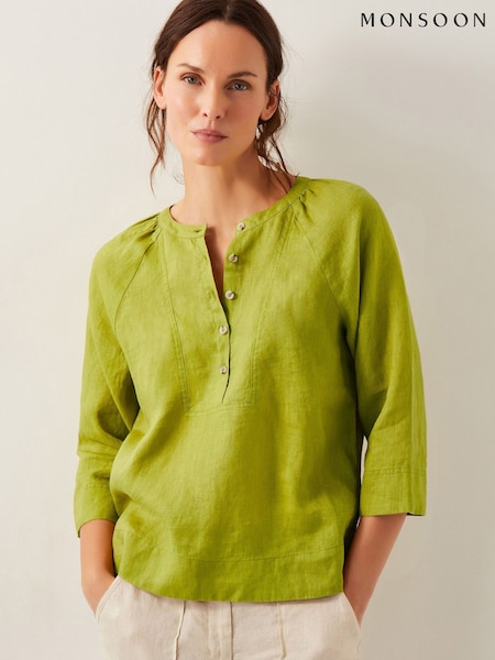 Monsoon Green Rosa Bib 100% Linen Blouse (H16923) | €78