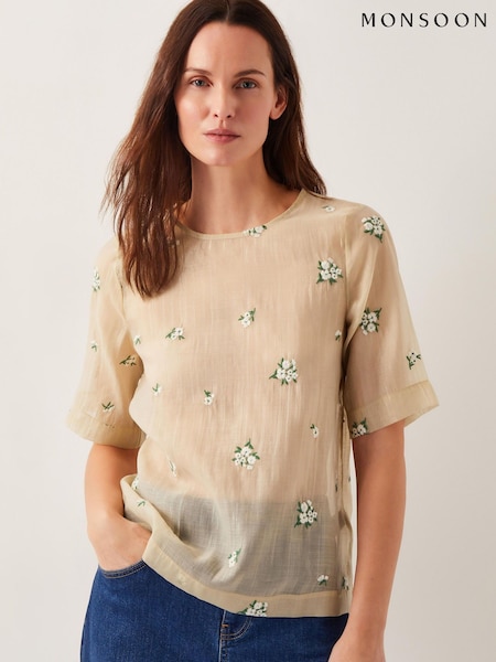 Monsoon Gold Sacha Short Sleeve Embroidered Top (H16934) | ₪347