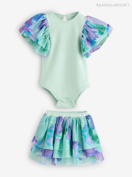 Angel & Rocket Green Lois Mint Floral Tutu And Frill Sleeve Bodysuit Set (H17157) | €37 - €40