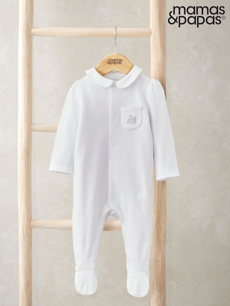 Mamas & Papas Rabbit 100% Cotton White Embroidered Sleepsuit With Collar (H17159) | kr286