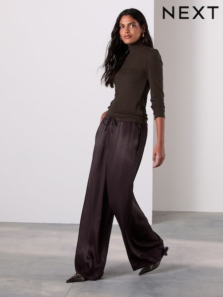 Chocolate Brown Satin Tie Waist Wide Leg Trousers (H17342) | €41