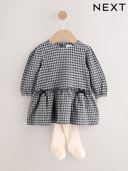 Black/Grey Gingham Baby Long Sleeve Tiered Dress with Tights (0mths-2yrs) (H17574) | €24 - €27