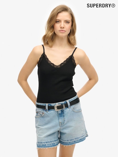 Superdry Black Essential Lace Trim Cami 100% Cotton Camisole (H17587) | €27