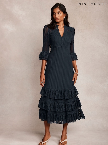 Mint Velvet Blue Lace Mesh Ruffle Maxi Dress (H17613) | €278