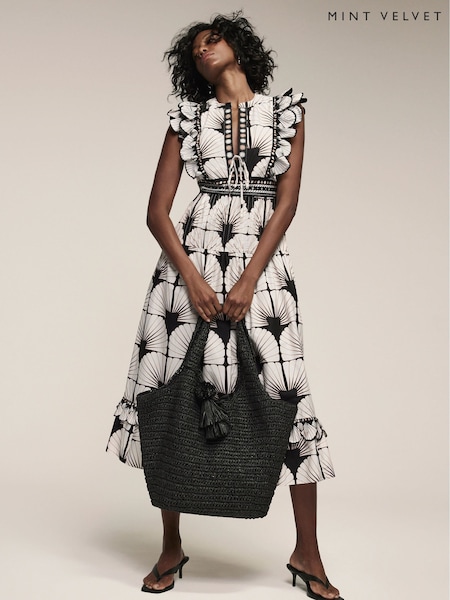 Mint Velvet Black Shell Print 100% Cotton Midi Dress (H17620) | €199