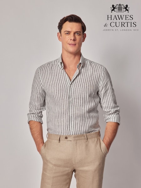 Hawes & Curtis Green Stripe 100% Linen Slim Shirt (H17639) | AED437