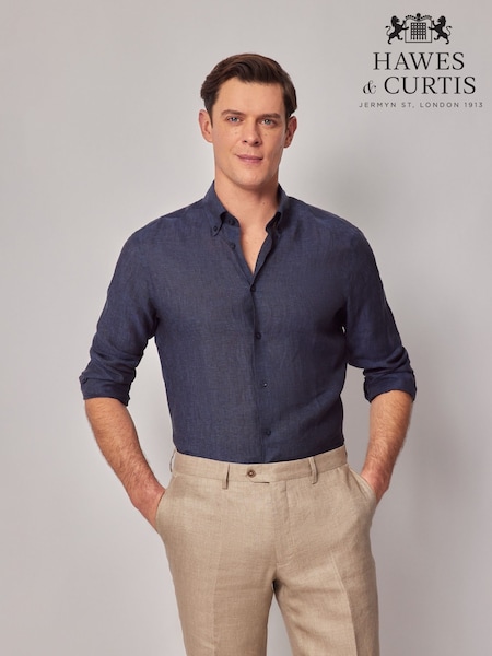 Hawes & Curtis Blue 100% Linen Slim Shirt (H17656) | R$ 740