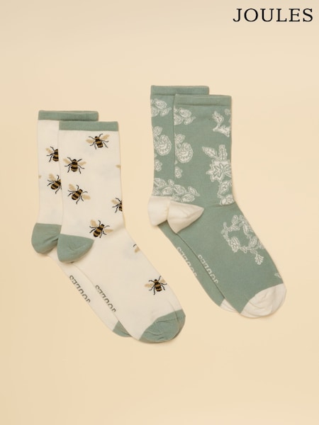 Joules Women's Everyday White & Green Socks 2 Pack (size 4-8) (H17728) | SGD 19