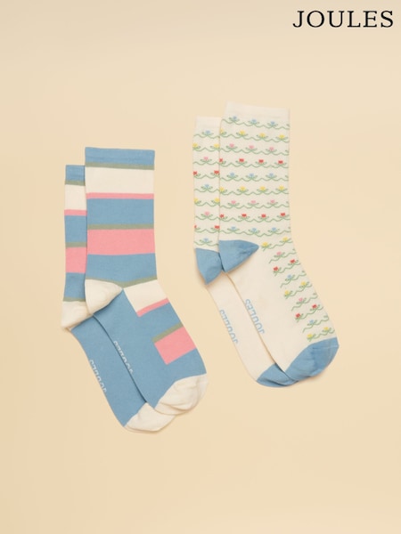 Joules Women's Everyday Blue Ecru Socks 2 Pack (size 4-8) (H17729) | SGD 19
