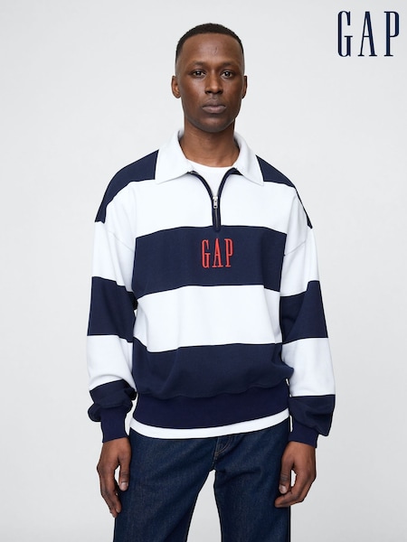 Gap Blue/White Stripe Heavyweight Striped Logo Quarter Zip Collar Sweatshirt (H17759) | €127
