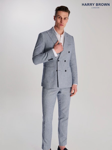Harry Brown Blue Giacomo Cotton Linen Double Breasted Suit Jacket (H17762) | AED809