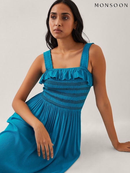 Monsoon Blue Salma Smocked Sleeveless Midi Dress (H17840) | €75