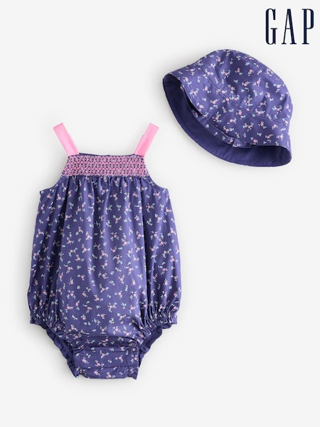 Gap Navy/Blue Baby Square Neck Floral Bodysuit & Hat Set (Newborn-24mths) (H17872) | €40