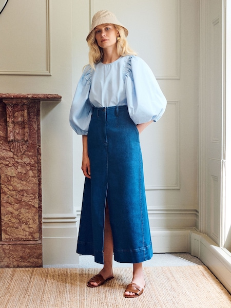 Vivere Blue Oona Puff Sleeve 100% Cotton Blouse (H17885) | €126