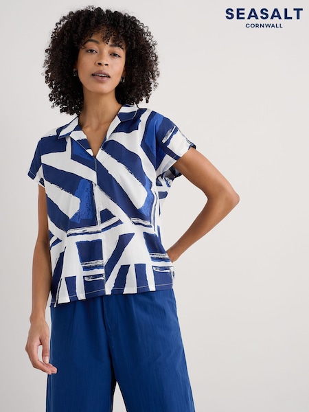 Seasalt Cornwall Blue Deep Lane Short Sleeve 100% Cotton Shirt (H17945) | ₪231