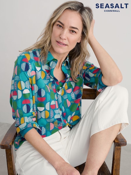Seasalt Cornwall Green Dove Plant Jersey Button Through Shirt (H17965) | ₪302