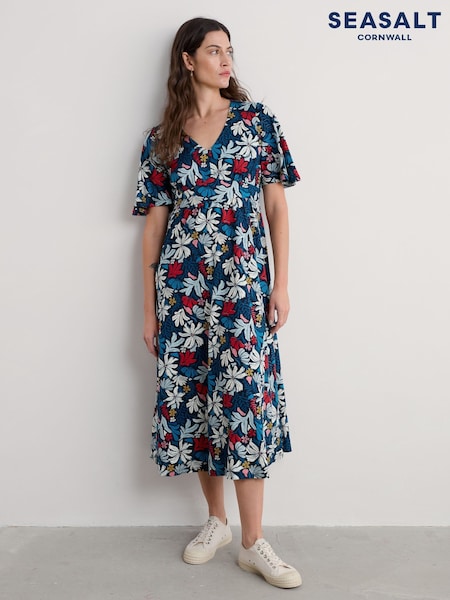 Seasalt Cornwall Blue Petite Petite Chateaux Half Sleeve Maxi 100% Cotton Dress (H17987) | €89